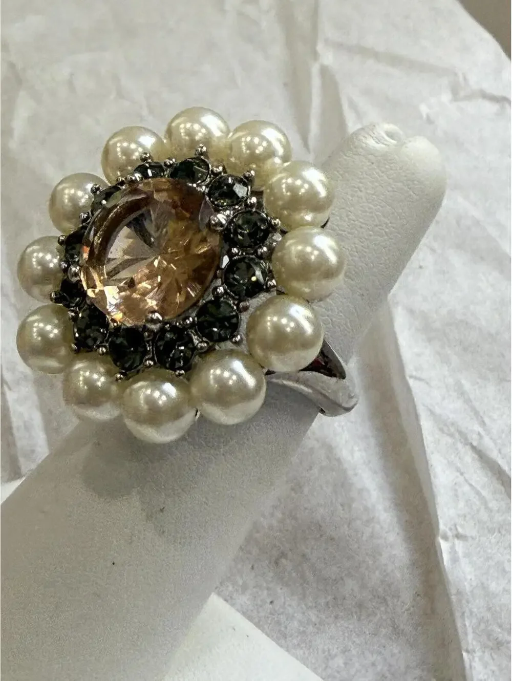 Elegant Pearl and Smoky Crystal Cocktail Ring Size 8.25